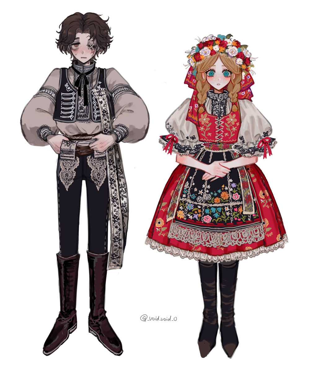 1boy, 1girl, anne_lester, apron, black_ribbon, black_vest, blonde_hair, blue_eyes