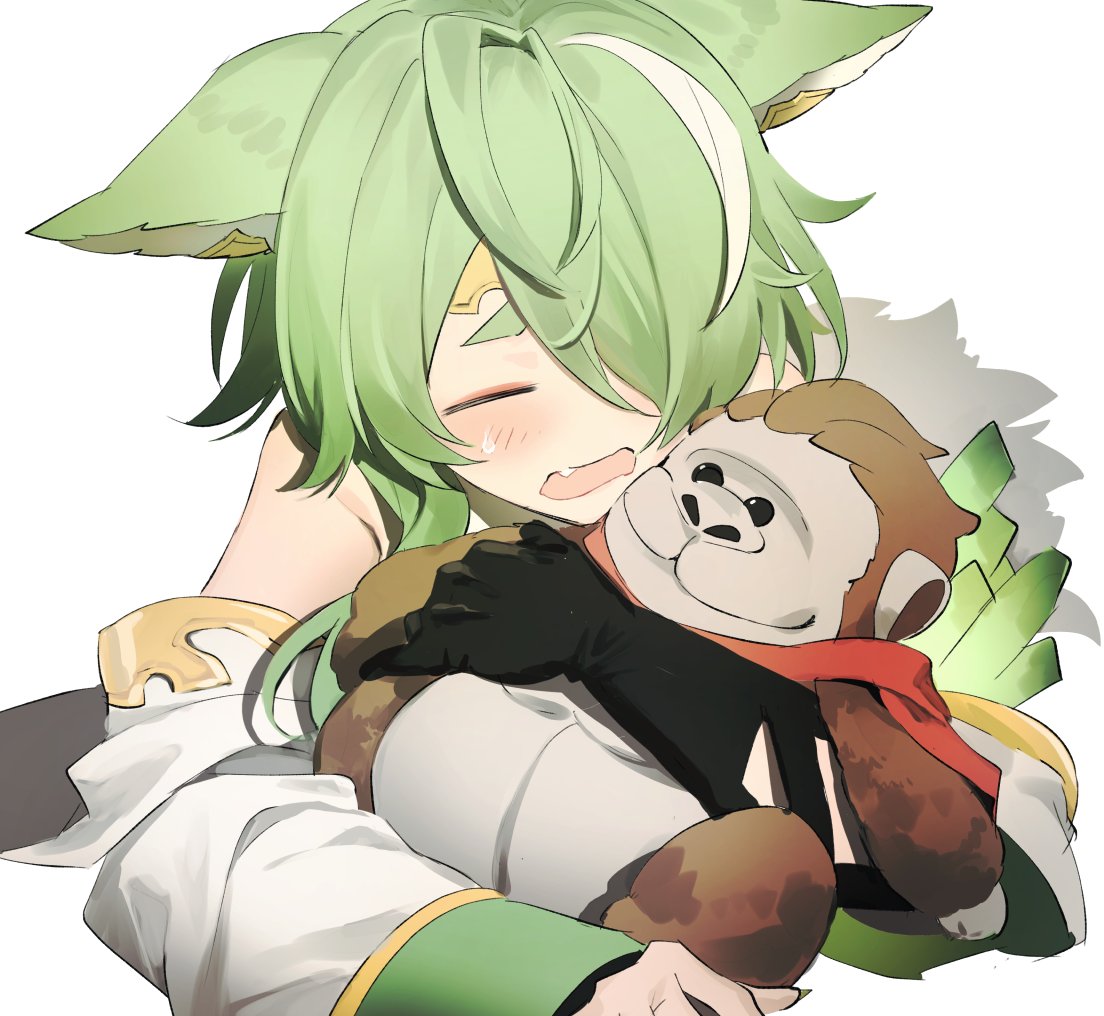 1girl, ami_(granblue_fantasy), animal_ears, asymmetrical_bangs, closed_eyes, erune, fang, gorilla