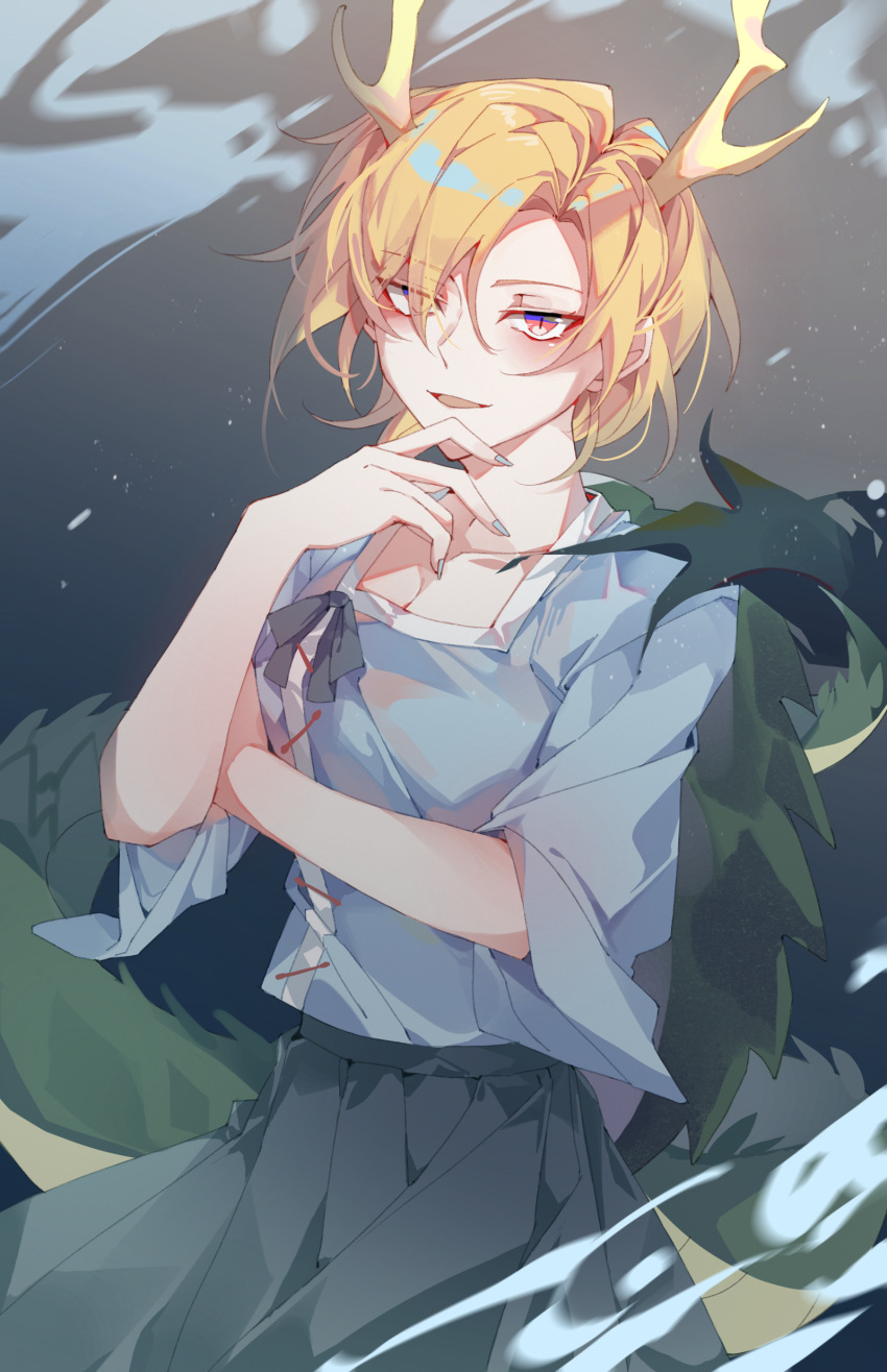 1girl, absurdres, antlers, blonde_hair, blue_shirt, dragon_girl, dragon_horns, dragon_tail