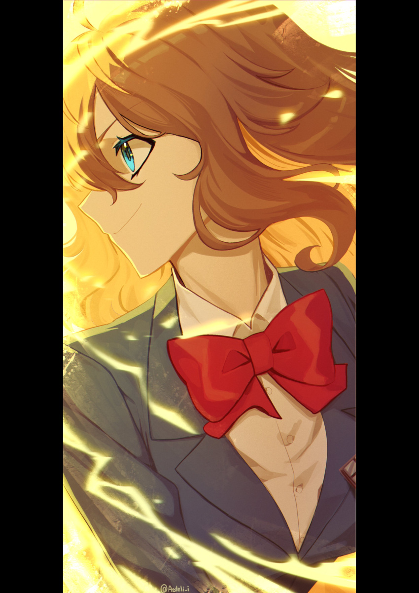 1girl, absurdres, asteli_i, black_jacket, blue_eyes, bow, bowtie, brown_hair