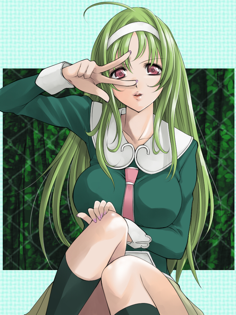 alric, breasts, green_hair, hairband, kiraboshi_(star_driver), long_hair, nail_polish, necktie