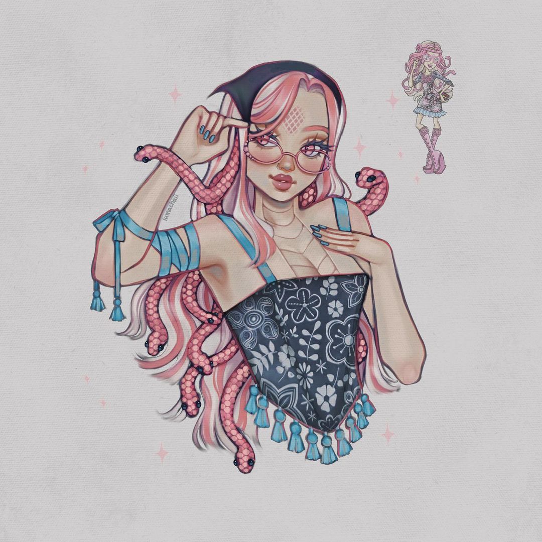 1girl, cropped_torso, dress, looking_to_the_side, lumachaii, monster_girl, monster_high, multicolored_hair, non-web_source, pink_hair, slit_pupils, snake, snake_hair, solo, two-tone_hair, viperine_gorgon