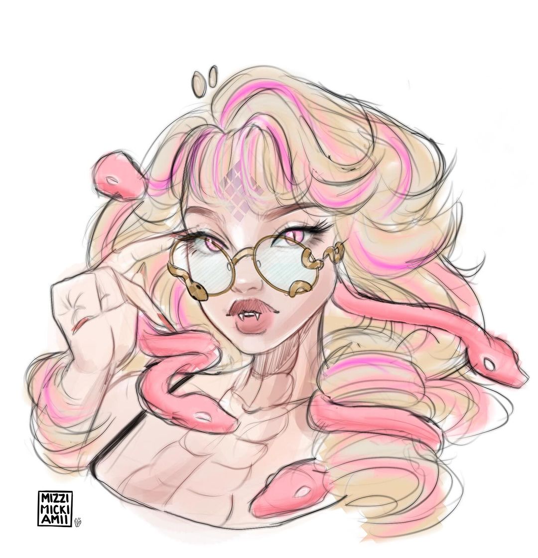 1girl, blunt_bangs, cropped_head, fingernails, glasses, looking_at_viewer, mizzimickiamii, monster_girl, monster_high, pink_hair, round_eyewear, sharp_fingernails, slit_pupils, snake, snake_hair, solo, viperine_gorgon