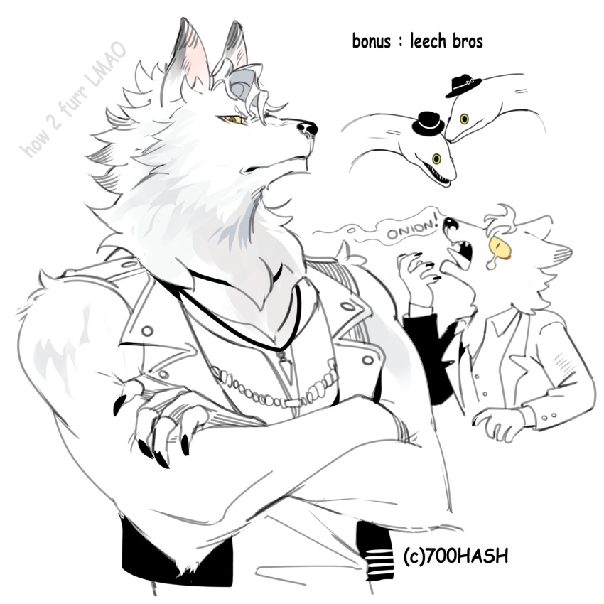 1boy, 700hash, animal, animal_ears, animalization, artist_name, body_fur, claws, closed_mouth, colored_sclera, crossed_arms, eel, english_commentary, english_text, fingerless_gloves, fish, floyd_leech, furrification, furry, furry_male, gloves, green_eyes, highres, jack_howl, jade_leech, jewelry, looking_at_viewer, male_focus, multiple_views, necklace, partially_colored, shirt, sleeveless, sleeveless_jacket, sleeveless_shirt, teardrop, twisted_wonderland, upper_body, white_fur, wolf_boy, wolf_ears, yellow_sclera