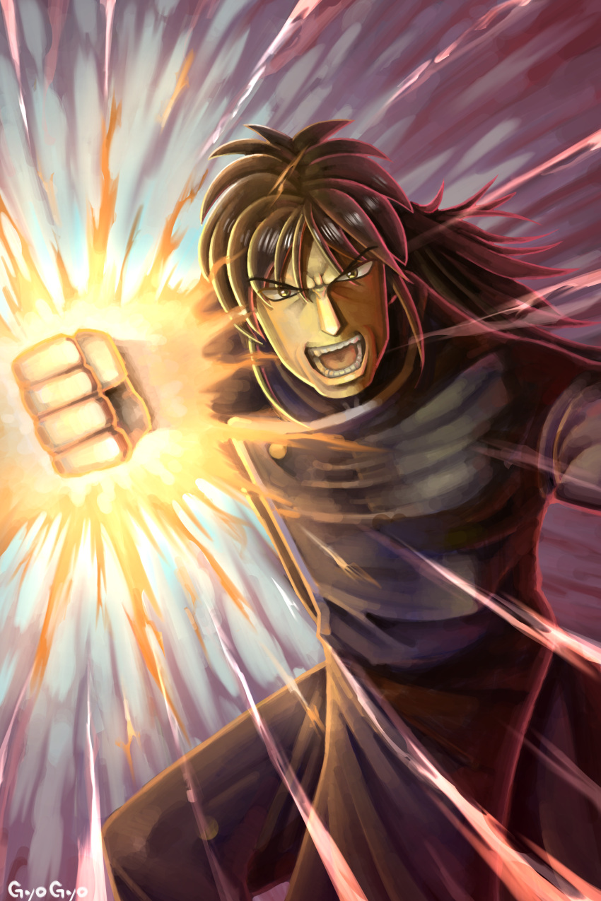 1boy, absurdres, artist_name, aura, bananagyogyo, black_hair, black_shirt, brown_eyes