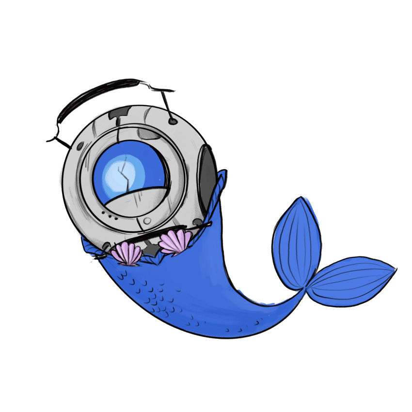 1other, bee_rosmyth, crack, english_commentary, full_body, highres, mermaid, mermay_2024, monster_girl, personality_core, portal_(series), portal_2, shell, shell_bikini, simple_background, solo, wheatley, white_background