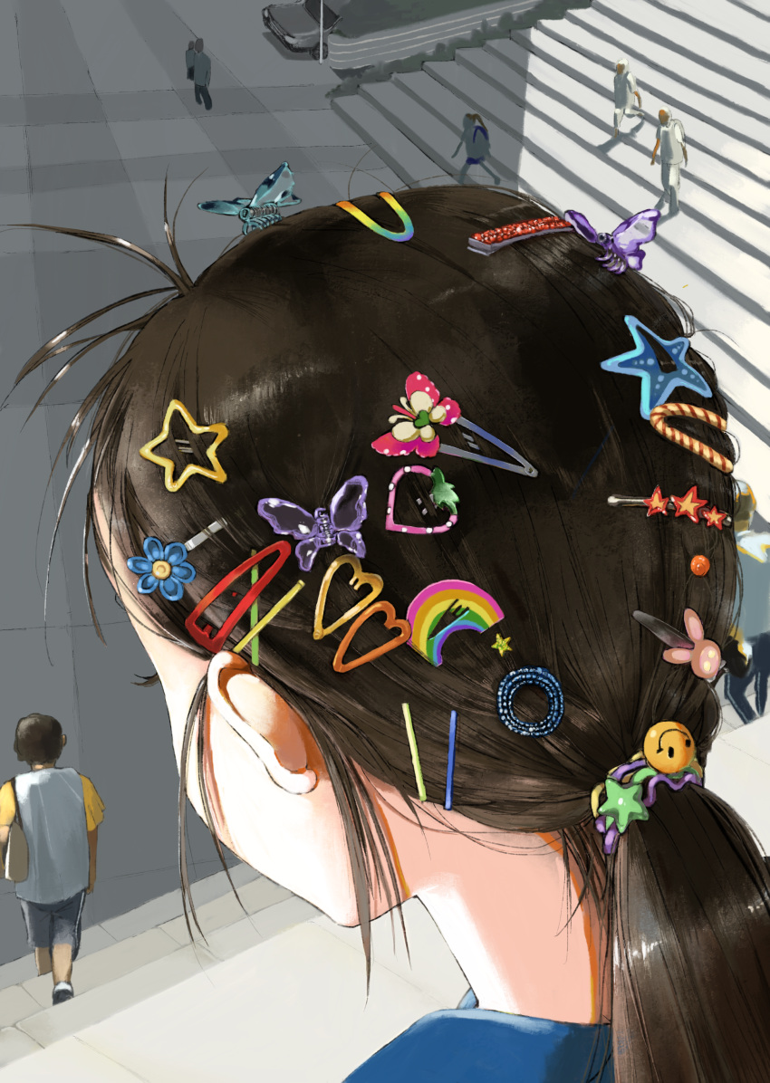 1girl, absurdres, brown_hair, butterfly_hair_ornament, flower_hairpin, from_above, from_behind, hair_ornament