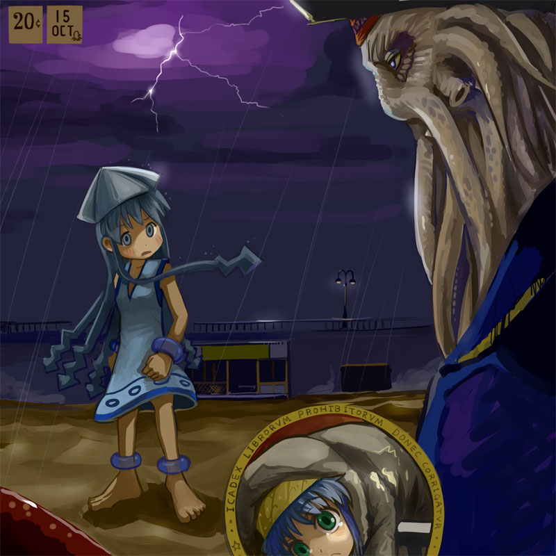 blue_eyes, blue_hair, crossover, davey_jones, dress, green_eyes, ikamusume, index, lightning, look-alike, maku_(artist), pirates_of_the_caribbean, rain, shinryaku!_ikamusume, tentacle_hair, tentacles, to_aru_majutsu_no_index