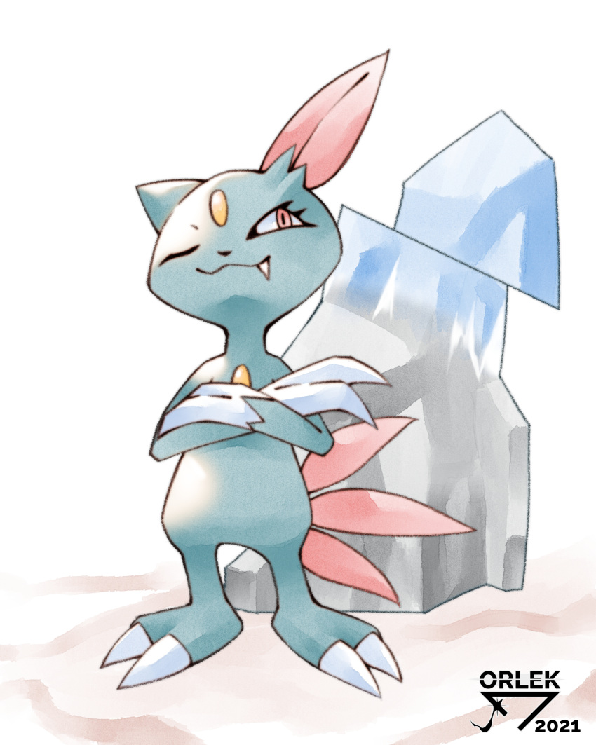 ;), absurdres, artist_name, claws, closed_mouth, crossed_arms, fang, fang_out