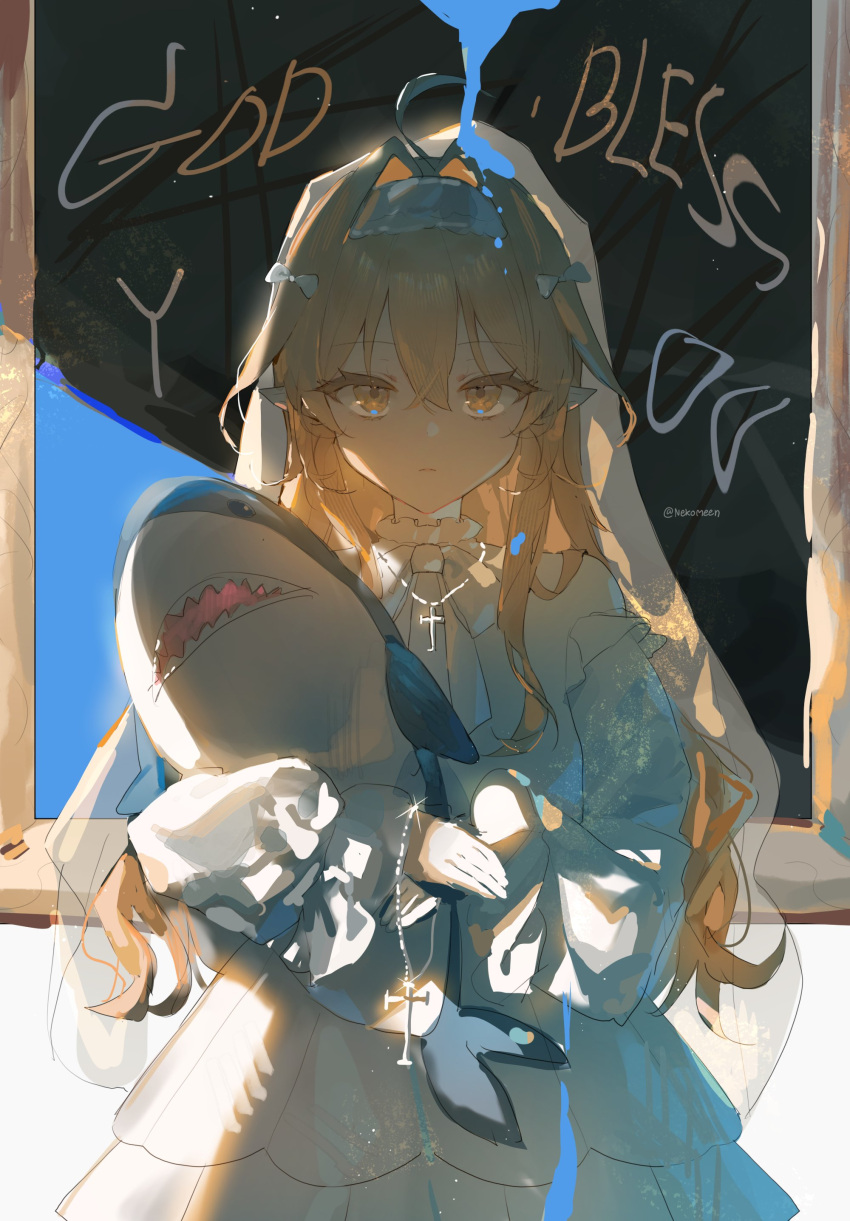 1girl, absurdres, ahoge, bridal_veil, character_request, closed_mouth, copyright_request, cross