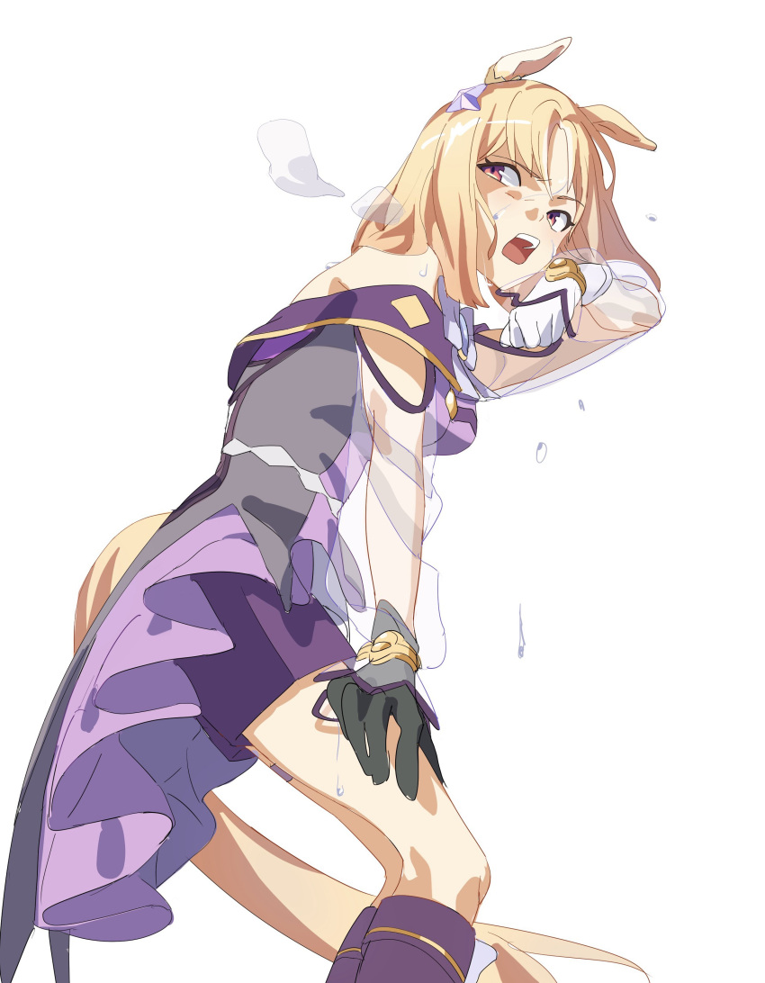 1girl, absurdres, animal_ears, bare_shoulders, black_gloves, blonde_hair, dress, gloves, gradient_eyes, highres, horse_ears, horse_girl, horse_tail, multicolored_eyes, narita_top_road_(umamusume), open_mouth, purple_dress, short_hair, simple_background, solo, sweat, tail, umamusume, white_background, wqdofjpeqs63235