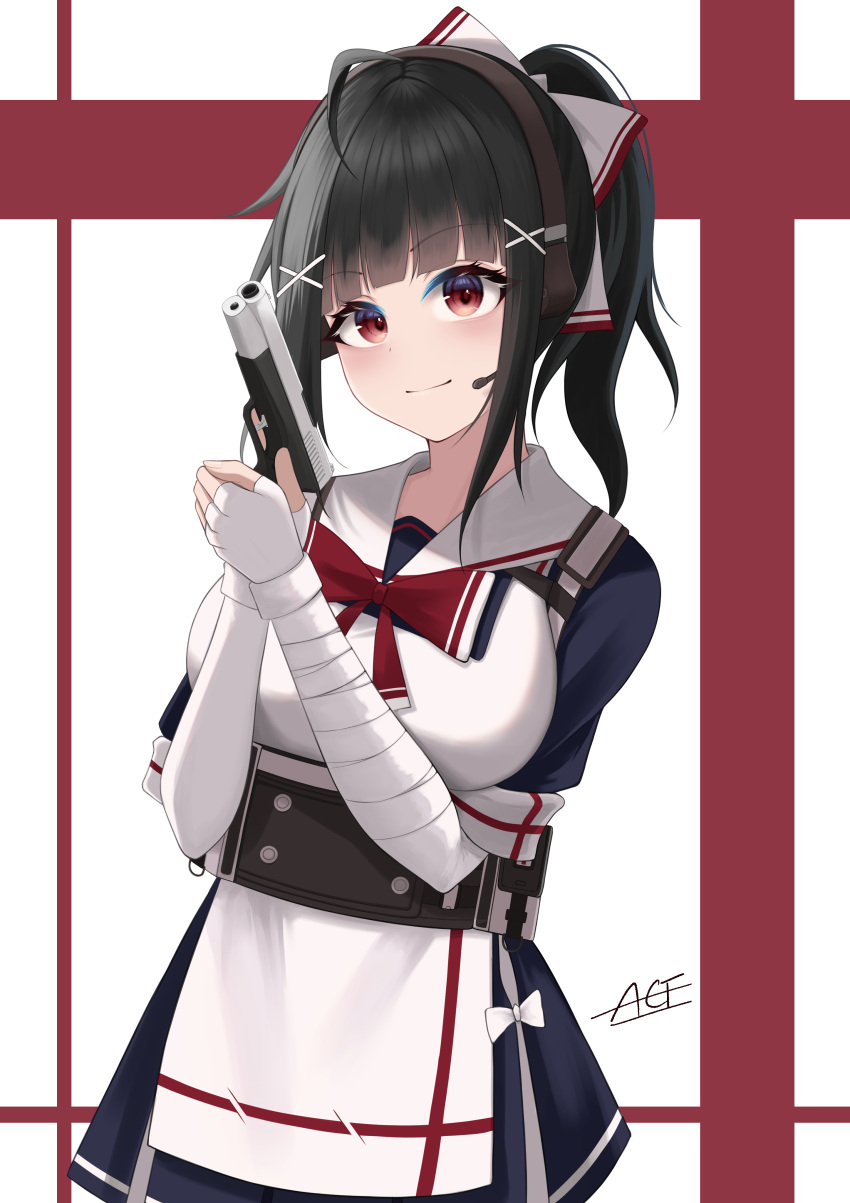 1girl, absurdres, bandaged_arm, bandages, black_hair, breasts, closed_mouth, codename696