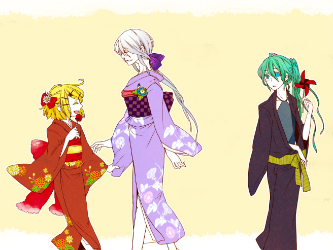 3girls, :d, aqua_hair, bintei, blonde_hair, bow, candy, closed_eyes
