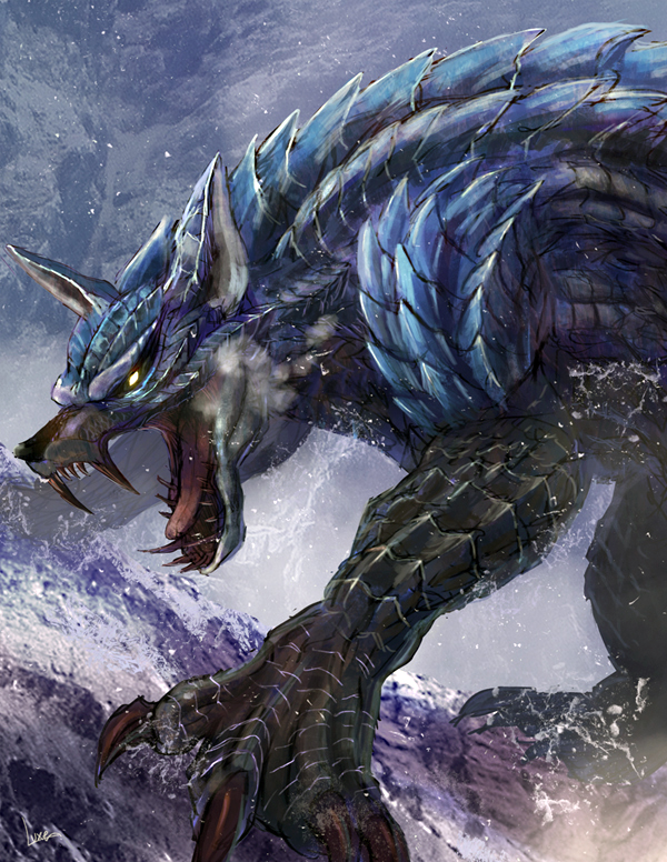 animal_ears, bearluxe, blue_scales, capcom, chin_spike, clawed_feet, claws, frost