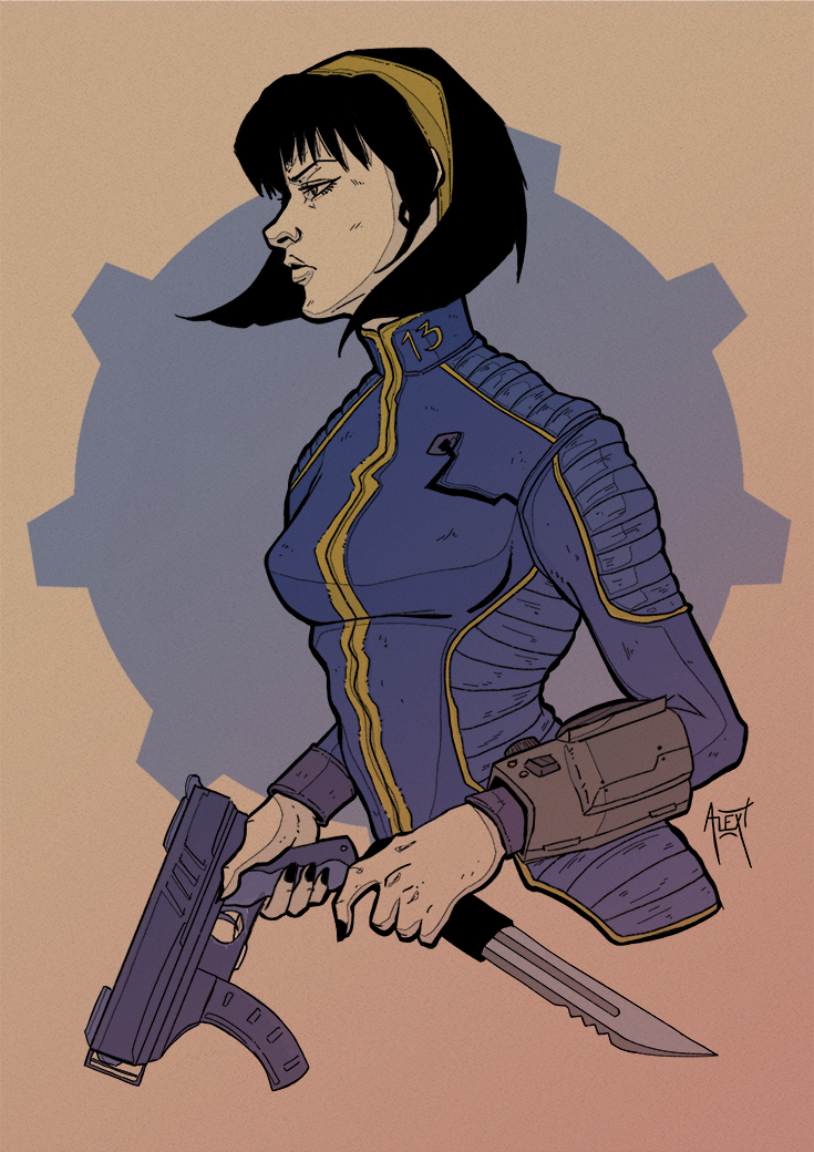 black_hair, black_nails, blue_bodysuit, bodysuit, crualex_de_vil, dual_wielding, fallout_(series), fallout_1