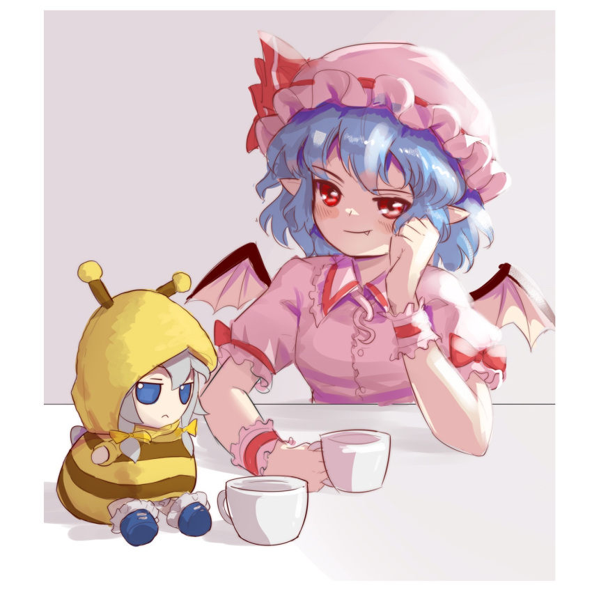 bat_wings, bee_costume, blue_eyes, blue_hair, cup, dress, edz_drawz, fumo_(doll)