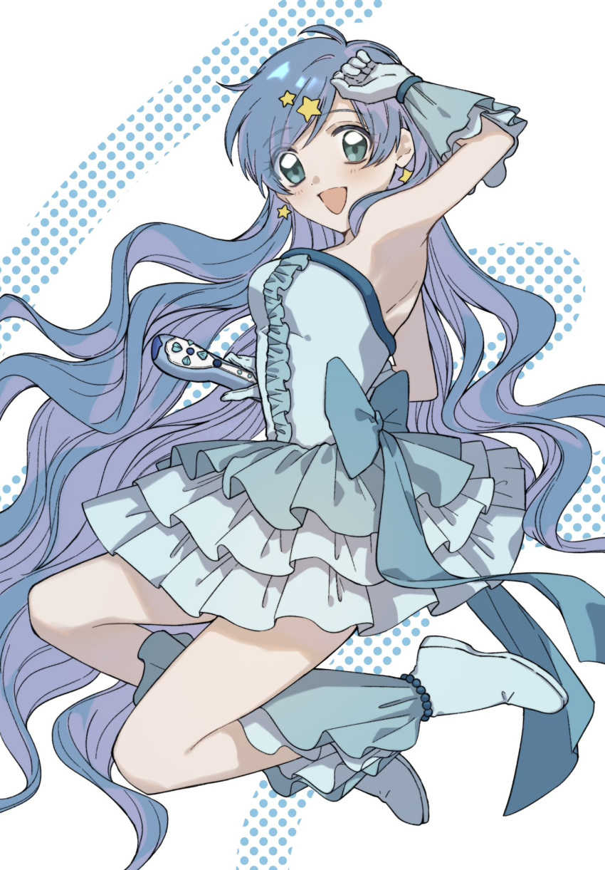 1girl, :d, blue_dress, blue_eyes, blue_gloves, blue_hair, blush, chexx60