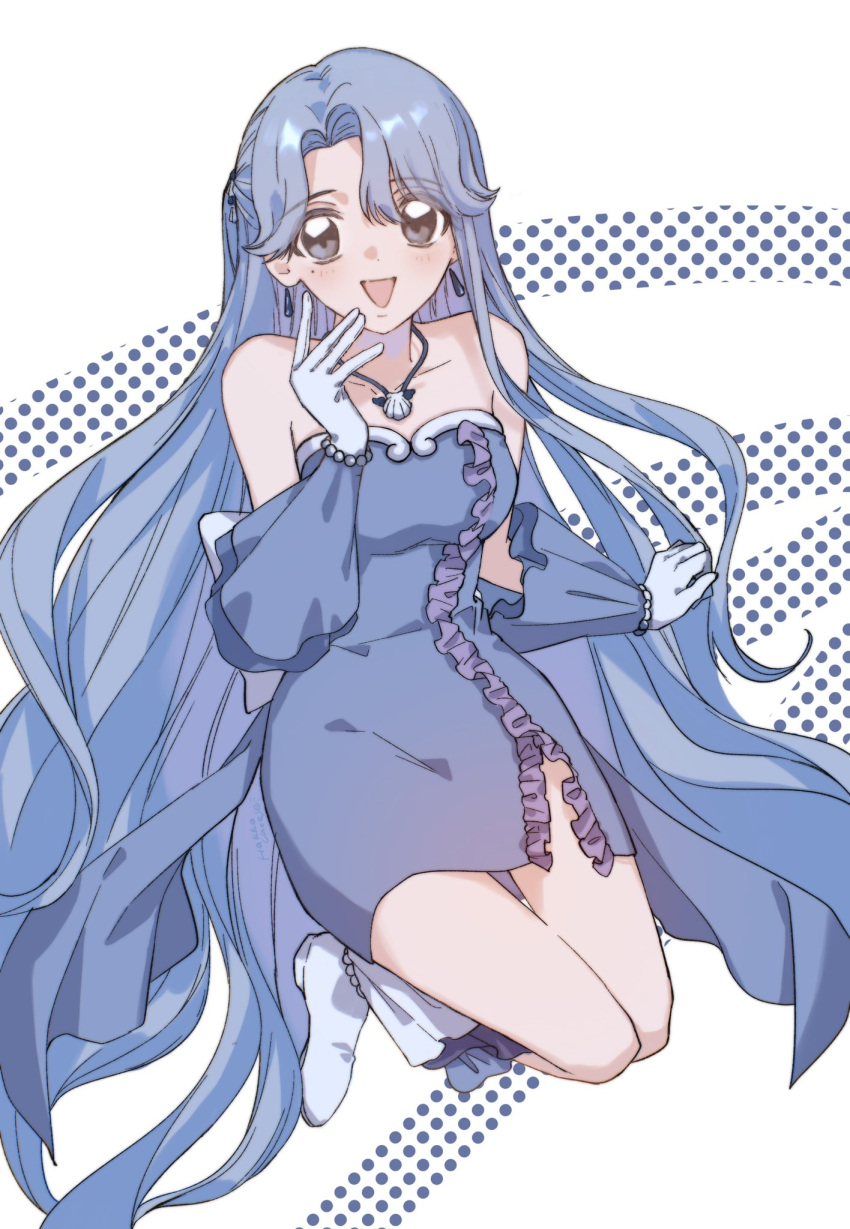 1girl, :d, blue_eyes, blue_hair, bracelet, chexx60, dress, earrings