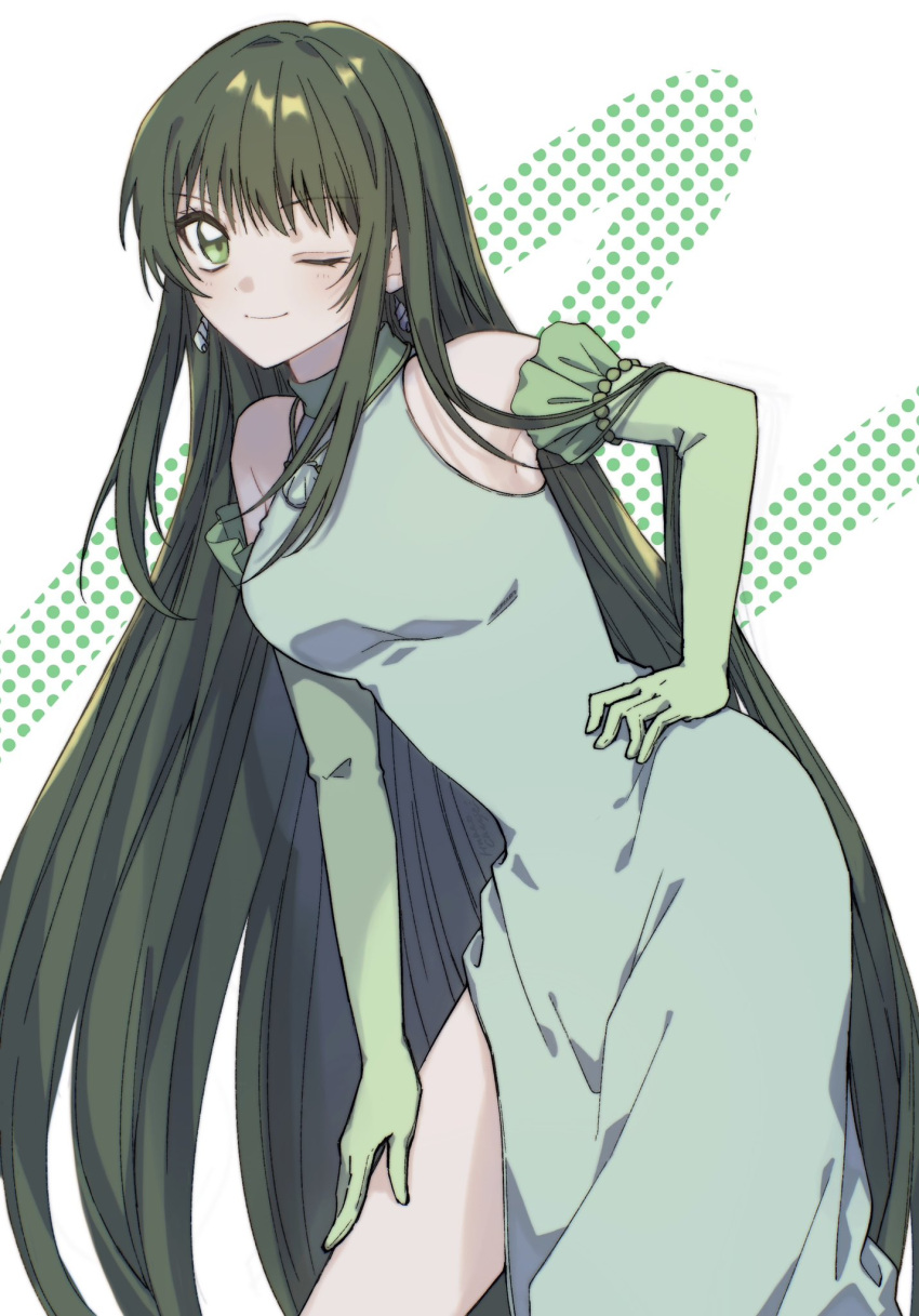 chexx60, dress, earrings, elbow_gloves, gloves, green_eyes, green_gloves, green_hair