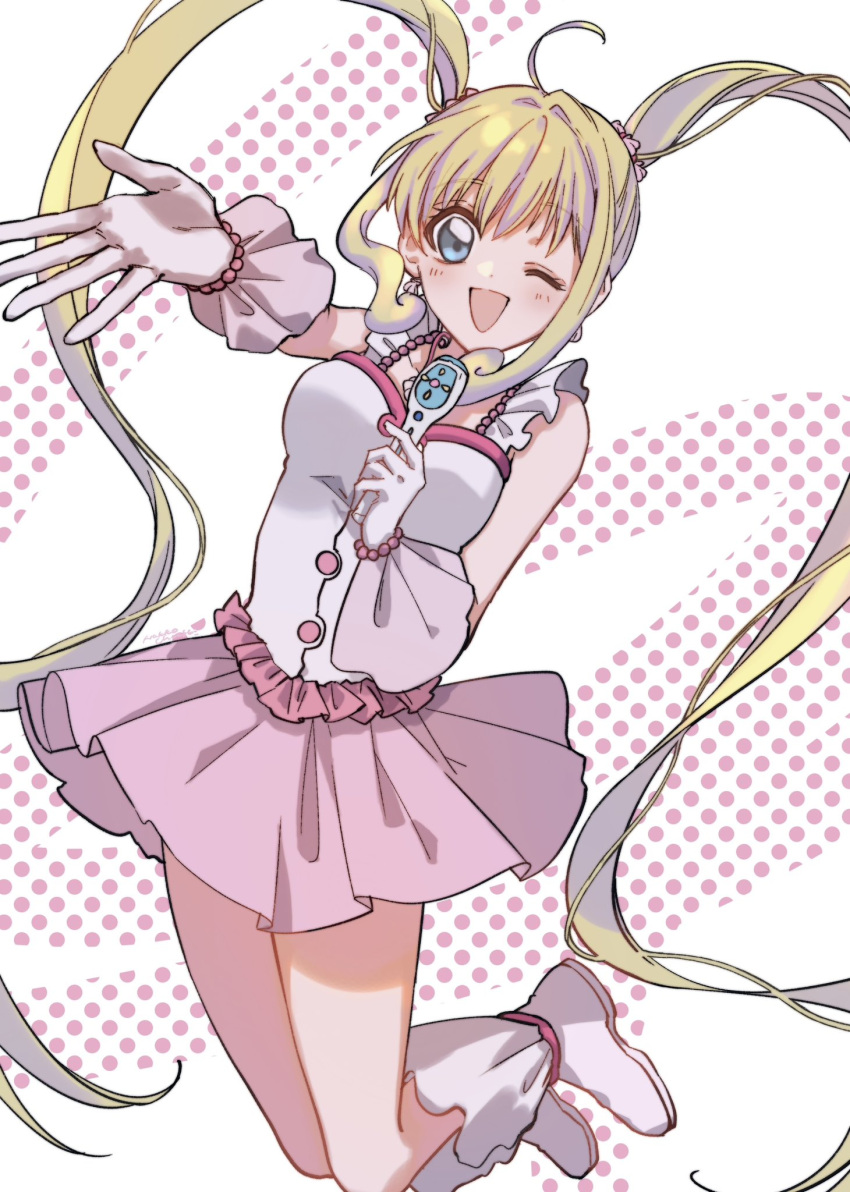 1girl, ;d, ahoge, blonde_hair, blue_eyes, blush, bracelet, breasts