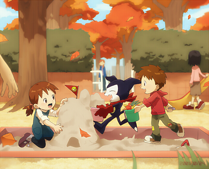 1boy, 1girl, ai_(digimon_tamers), autumn, autumn_leaves, brother_and_sister, brown_hair, bucket