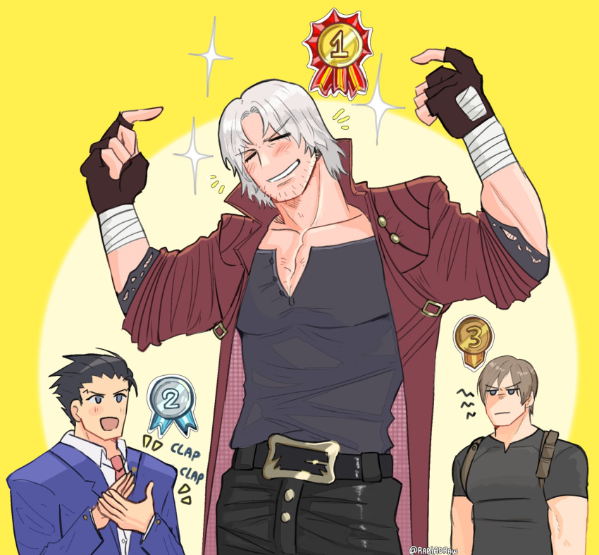 3boys, ace_attorney, black_hair, blonde_hair, blue_suit, brown_hair, capcom, clapping, coat, collared_shirt, crossover, dante_(devil_may_cry), devil_may_cry_(series), devil_may_cry_5, facial_hair, fingerless_gloves, formal, gloves, highres, holding, leon_s._kennedy, long_hair, long_sleeves, male_focus, mature_male, multiple_boys, muscular, muscular_male, necktie, open_mouth, phoenix_wright, poll, rabiadraw, red_coat, resident_evil, resident_evil_4, shirt, smile, spiky_hair, suit, upper_body, white_hair