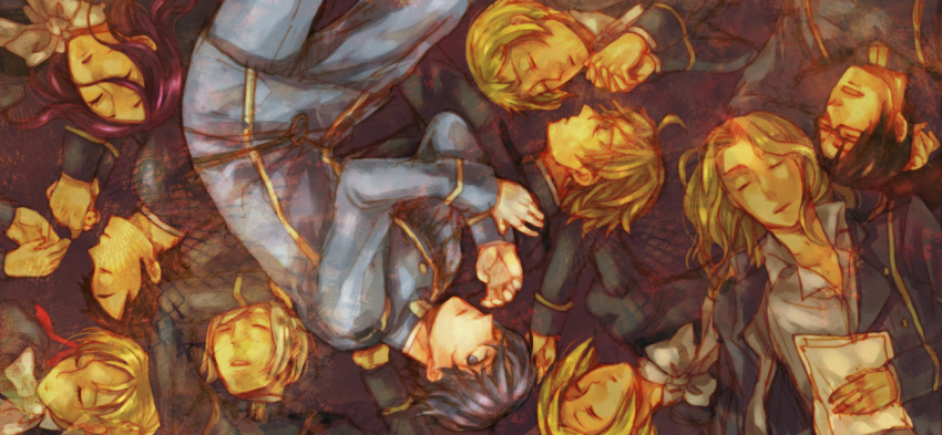 6+boys, adolf_hitler_(houkago_no_charisma), albert_einstein_(houkago_no_charisma), arms_up, blonde_hair, bow, character_request, clone