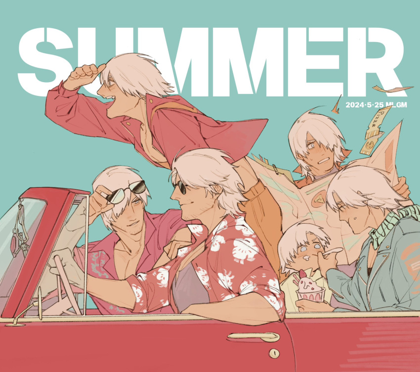 aged_down, aged_up, blue_eyes, car, child, convertible, dante_(devil_may_cry), devil_may_cry_(series), devil_may_cry_1, devil_may_cry_2, devil_may_cry_3, devil_may_cry_4, devil_may_cry_5, driving, facial_hair, gdav37l7uvoaq5n, hair_over_one_eye, highres, male_focus, mature_male, motor_vehicle, multiple_boys, muscular, muscular_male, outdoors, smile, summer, white_hair