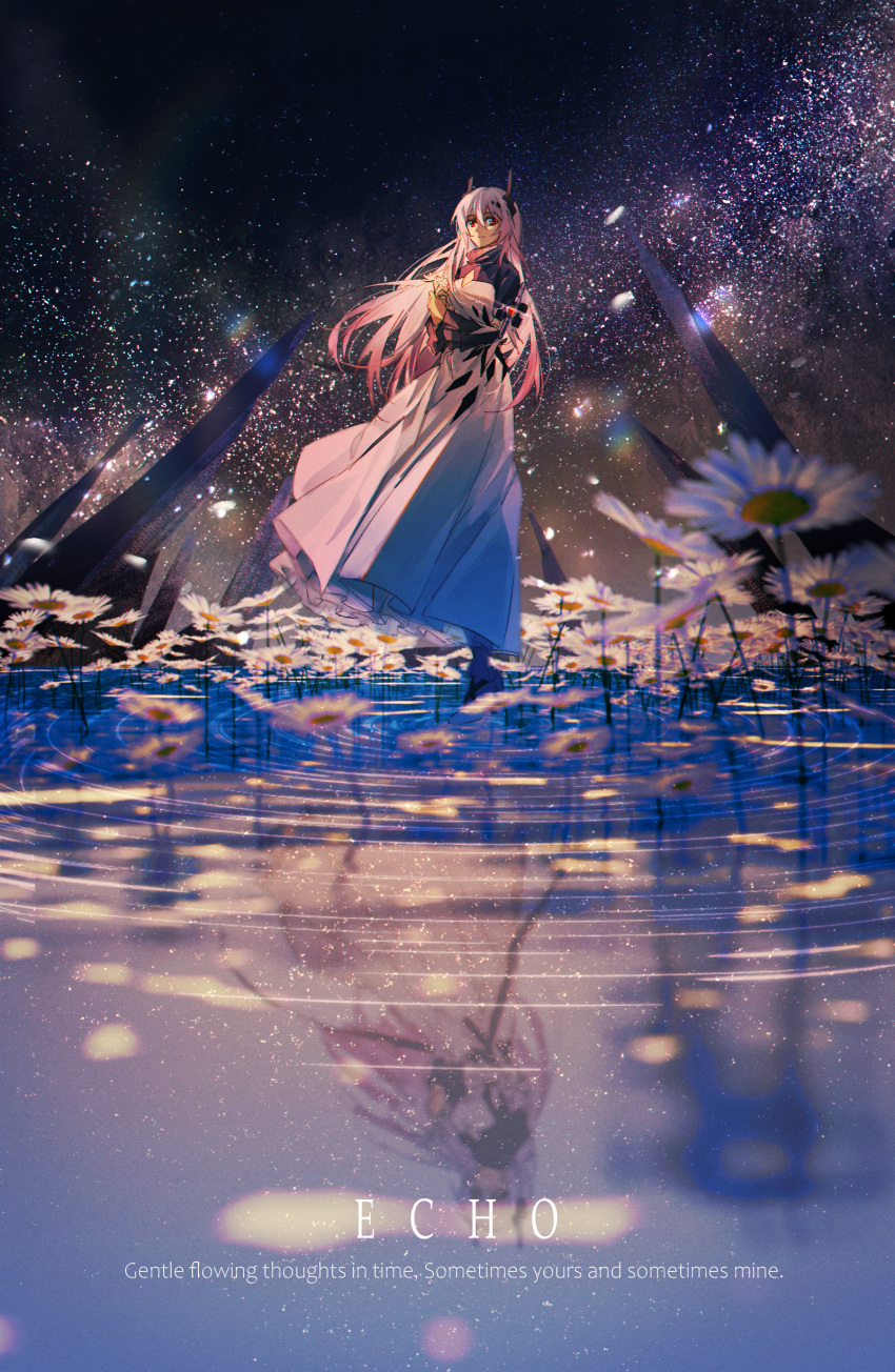 1girl, absurdres, arknights, black_dress, black_horns, blurry, closed_mouth, commentary