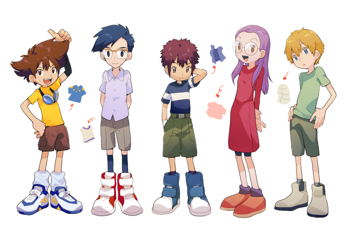 1girl, 4boys, arm_behind_head, arms_behind_back, arrow_(symbol), blonde_hair, blue_eyes, blue_footwear
