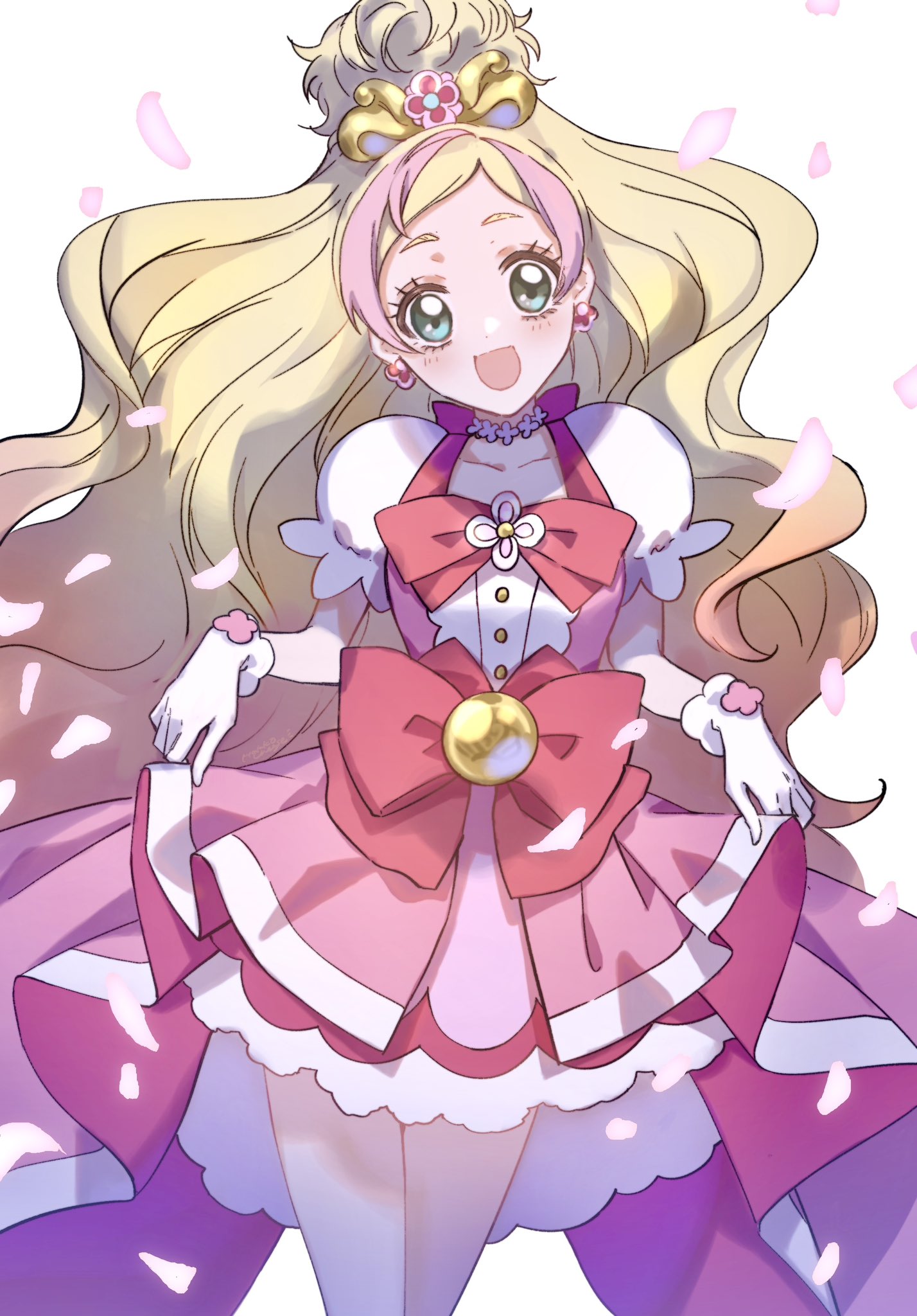 1girl, :d, blonde_hair, bow, chexx60, choker, clothes_lift, cure_flora, earrings, falling_petals, flower, flower_brooch, flower_earrings, flower_necklace, frilled_skirt, frills, gloves, go!_princess_precure, green_eyes, haruno_haruka, highres, jewelry, long_hair, magical_girl, multicolored_hair, open_mouth, petals, pink_bow, pink_hair, pink_skirt, precure, puffy_sleeves, skirt, skirt_lift, smile, streaked_hair, two-tone_hair, waist_bow, waist_brooch, white_gloves