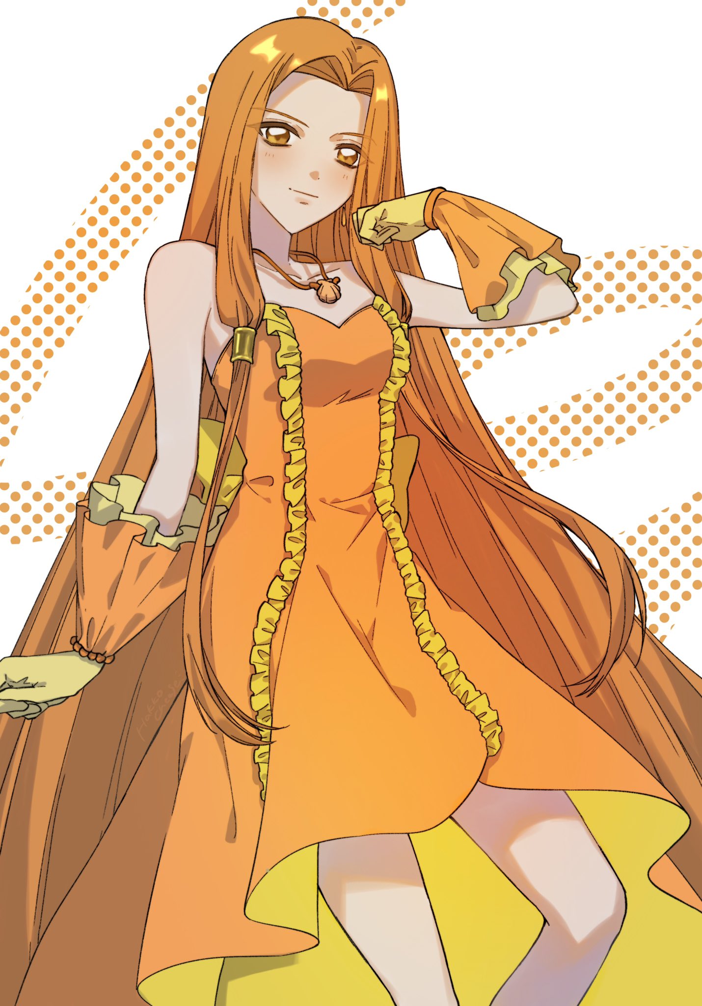 1girl, bare_shoulders, blush, bracelet, chexx60, dress, earrings, gloves