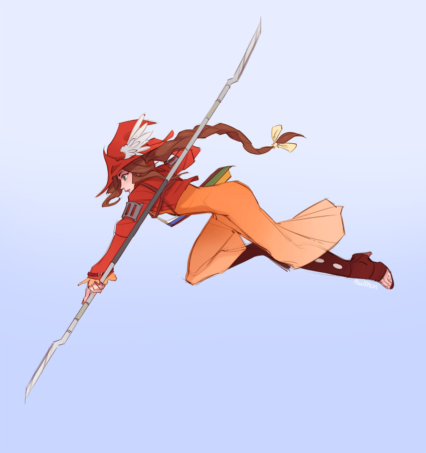 absurdres, aerith_gainsborough, armor, artist_name, blue_background, braid, braided_ponytail, brown_footwear, brown_hair, center_opening, cosplay, cropped_jacket, dress, fighting_stance, final_fantasy, final_fantasy_ix, final_fantasy_vii, freija_crescent, freija_crescent_(cosplay), full_body, green_eyes, hair_ribbon, helmet, highres, holding, holding_staff, jacket, long_dress, long_hair, long_sleeves, parted_bangs, parted_lips, pink_dress, red_helmet, red_jacket, ribbon, shoulder_armor, sidelocks, single_braid, skirtzzz, staff, toeless_footwear, wavy_hair, winged_helmet, yellow_ribbon