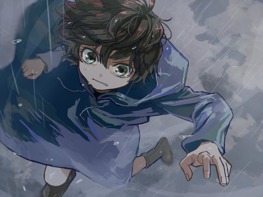1girl, black_hair, black_sheep_town, blue_raincoat, blurry_edges, boots, brown_footwear, clenched_teeth, floating_hair, foreshortening, from_above, full_body, grimace, hand_up, hide_tani, highres, hood, hood_down, long_sleeves, looking_ahead, messy_hair, noshida_sakura, outdoors, parted_lips, rain, raincoat, running, serious, short_hair, solo, teeth, v-shaped_eyebrows, white_eyes, wide-eyed