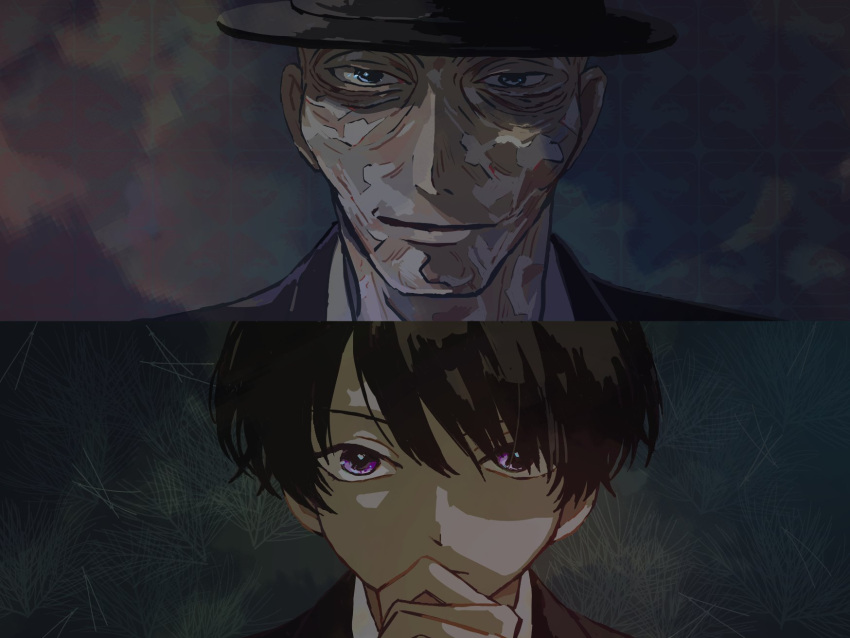 2boys, black_hair, black_hat, black_sheep_town, blue_eyes, chris_xie, closed_mouth, commentary_request, disfigured, faceoff, half-closed_eyes, hand_on_own_chin, hat, hide_tani, highres, looking_at_another, multiple_boys, patterned_background, portrait, short_hair, smile, stroking_own_chin, suit, violet_eyes, wrinkled_skin, xie_liang_(black_sheep_town)