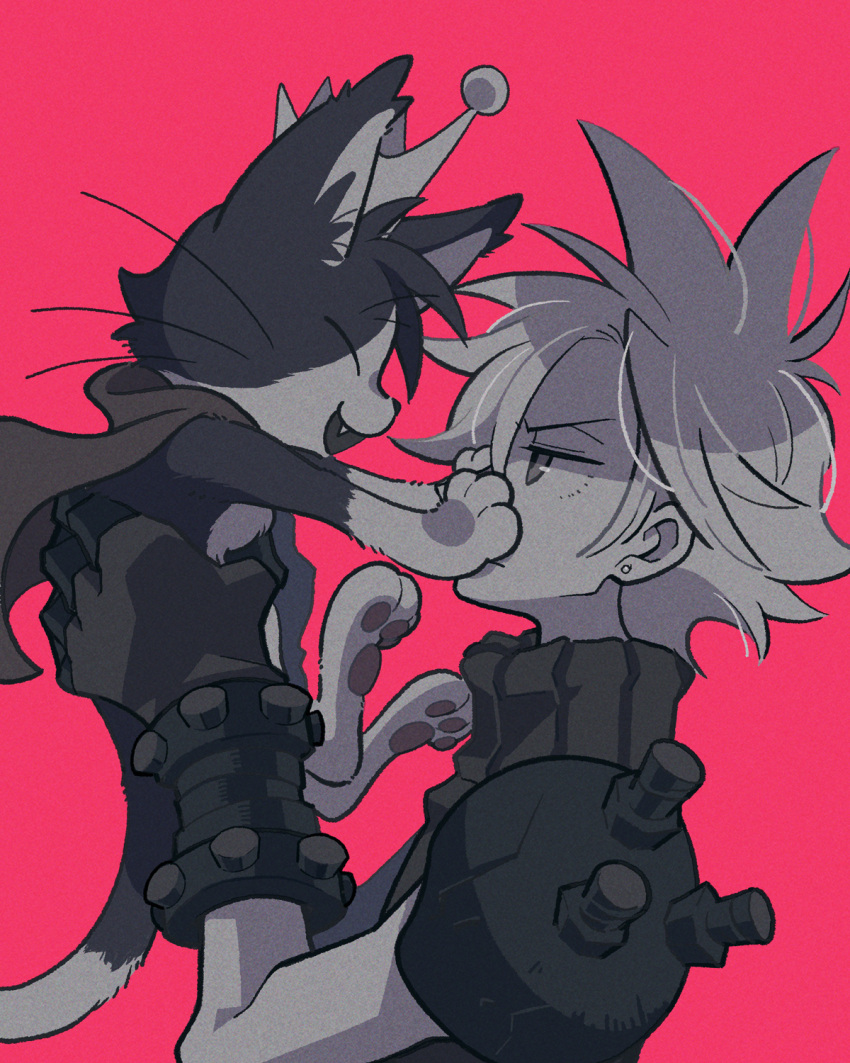 1boy, animal, armor, black_fur, cait_sith_(ff7), cape, cat, closed_eyes, cloud_strife, coffinsmokes, crown, earrings, final_fantasy, final_fantasy_vii, final_fantasy_vii_rebirth, final_fantasy_vii_remake, furrowed_brow, gloves, hair_between_eyes, hands_on_another's_cheeks, hands_on_another's_face, highres, holding, holding_animal, holding_cat, jewelry, male_focus, mini_crown, monochrome, open_mouth, pink_background, short_hair, shoulder_armor, single_earring, single_shoulder_pad, sleeveless, sleeveless_turtleneck, smile, spiky_hair, turtleneck, two-tone_fur, upper_body, white_fur