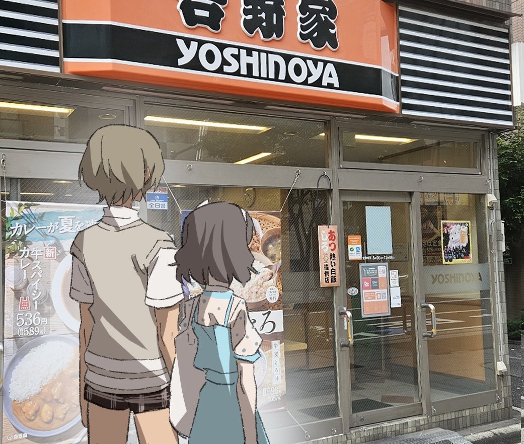 2girls, blue_dress, brown_hair, brown_sweater_vest, building, commentary, dress, ebizuka_tomo