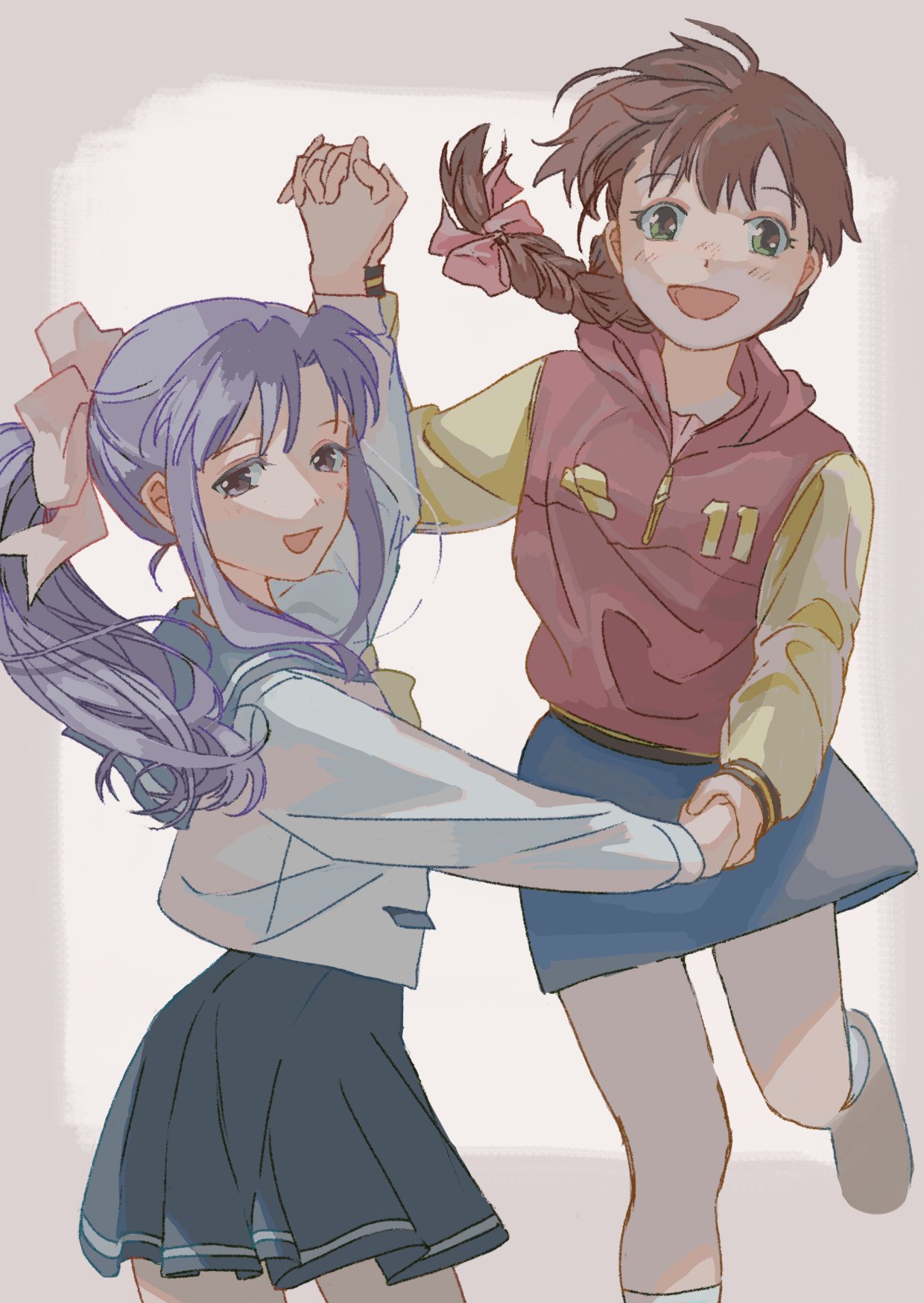 2girls, black_skirt, blue_skirt, border, bow, braid, braided_ponytail, brown_border