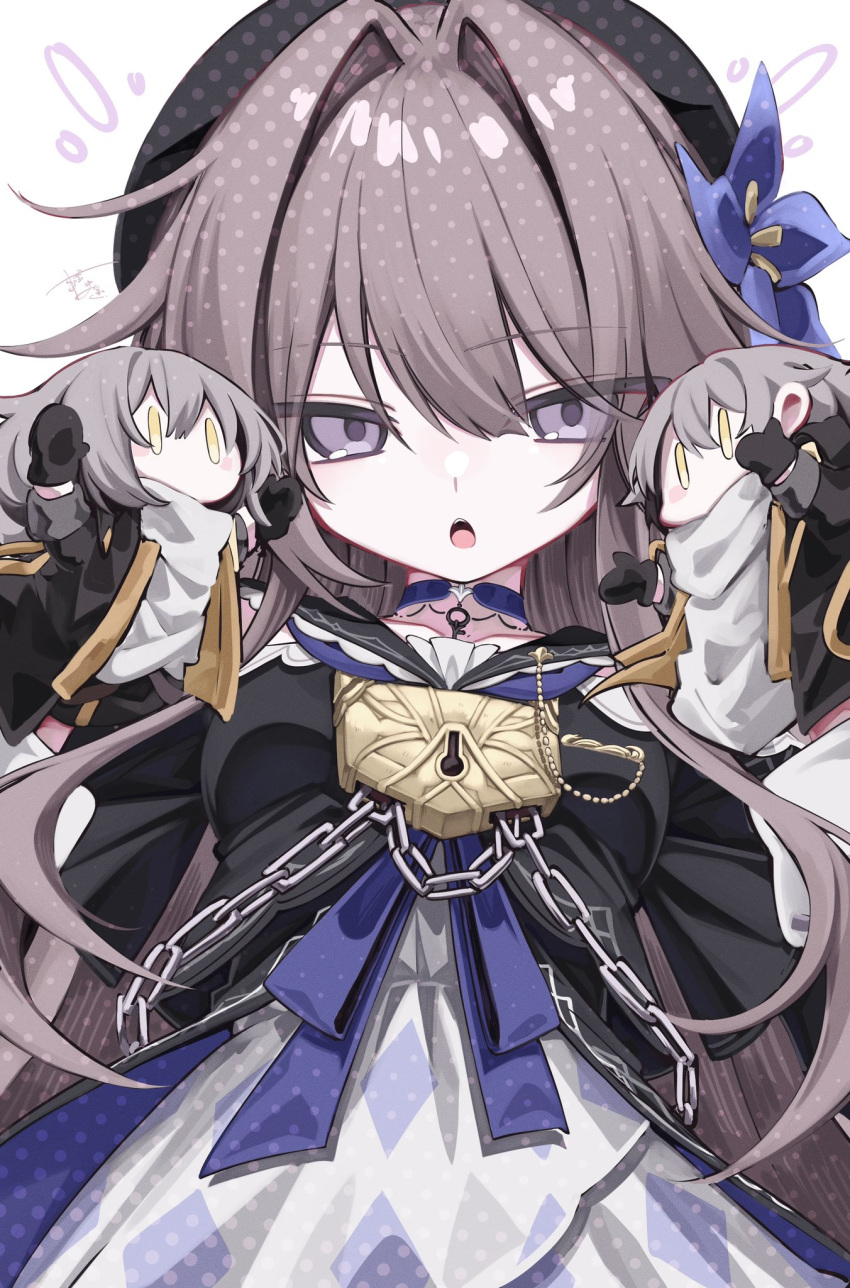 1girl, black_coat, blue_neckerchief, brown_hair, caelus_(honkai:_star_rail), chain, choker, coat