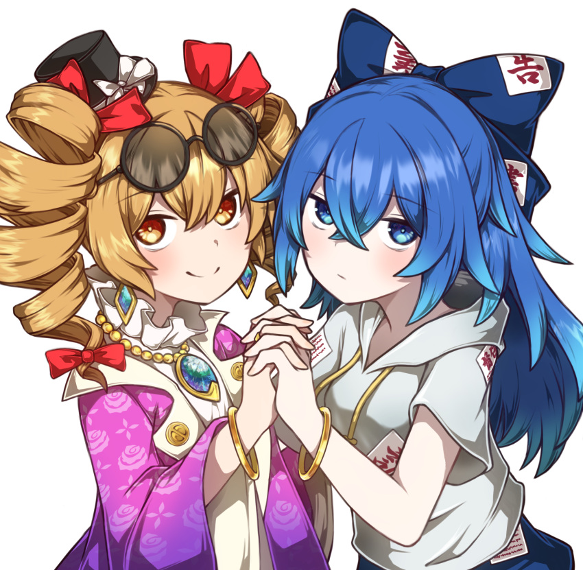 2girls, bangle, black_hat, blue_bow, blue_eyes, blue_hair, blue_skirt, bow