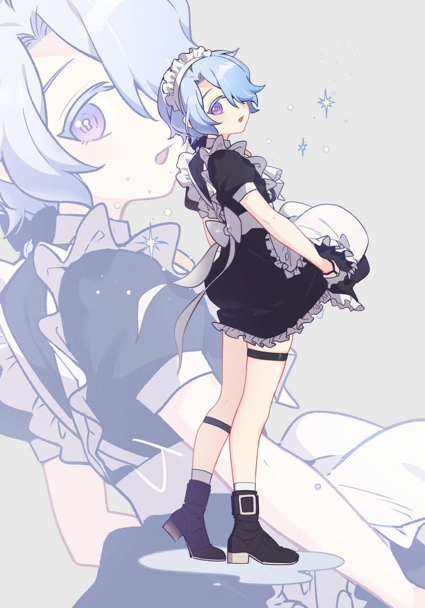 1boy, alternate_costume, apron, back_bow, black_bow, black_dress, black_footwear, blue_hair, blush, boots, bow, cm_(tenji1352), colored_eyelashes, commentary_request, crossdressing, dress, enmaided, frilled_apron, frilled_dress, frills, gloves, grey_background, hair_bow, hair_over_one_eye, hair_over_shoulder, half_gloves, highres, honkai:_star_rail, honkai_(series), korean_commentary, long_hair, looking_at_viewer, looking_back, low_ponytail, maid, maid_apron, maid_headdress, male_focus, misha_(honkai:_star_rail), one_eye_covered, open_mouth, parted_bangs, ponytail, puffy_short_sleeves, puffy_sleeves, short_sleeves, simple_background, skirt_hold, socks, solo, sparkle, standing, thigh_strap, violet_eyes, white_apron, white_bow, white_gloves, white_socks, zoom_layer