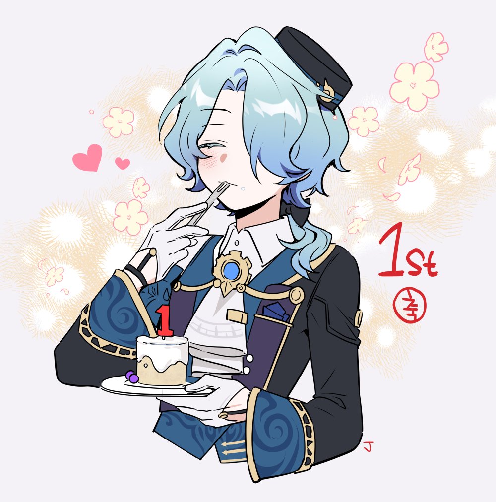 1boy, :3, ^_^, ascot, black_bow, black_hat, black_jacket, blue_hair