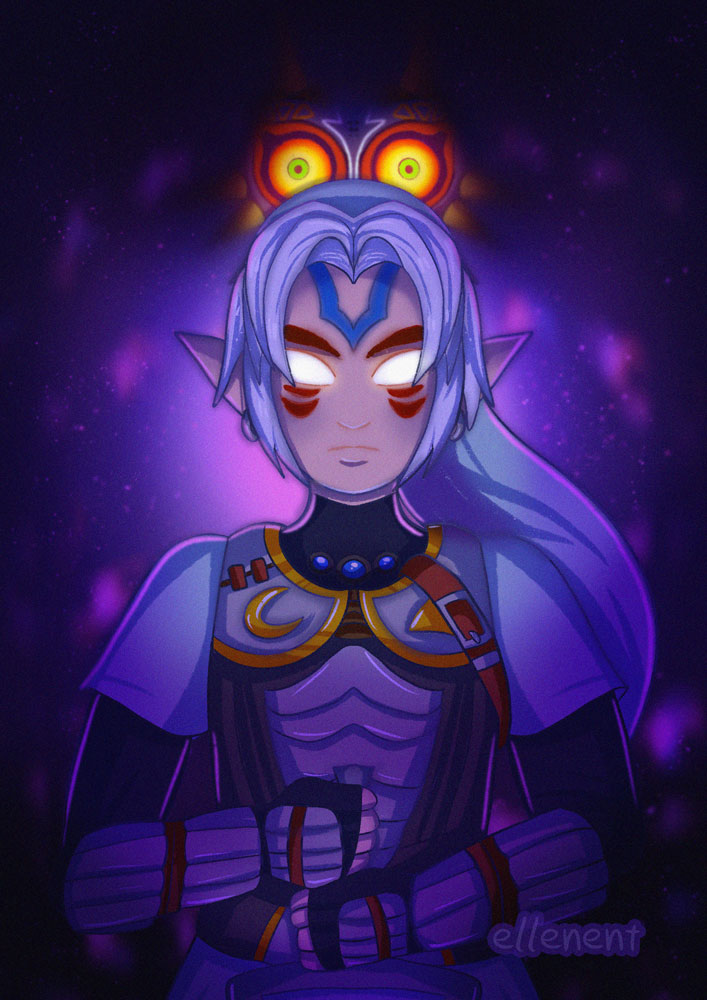 armor, artist_name, belt, blue_gemstone, chest_jewel, colored_sclera, crescent, earrings, ellenent, expressionless, facial_tattoo, fierce_deity, fingerless_gloves, fusion, gem, gloves, glowing, glowing_eyes, green_eyes, hat, holding, holding_sword, holding_weapon, jewelry, link, looking_at_viewer, majora_(entity), nintendo, no_pupils, pointy_ears, possessed, short_hair, sword, tattoo, the_legend_of_zelda, the_legend_of_zelda:_majora's_mask, triangle, weapon, white_eyes, white_hair, yellow_sclera