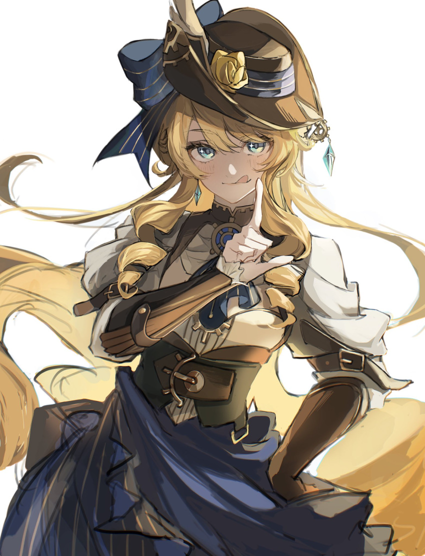 1girl, :q, bare_shoulders, black_hat, blonde_hair, blue_bow, blue_eyes, blue_skirt, bow, brown_arm_warmers, brown_corset, clothing_cutout, commentary, corset, drill_hair, drill_sidelocks, flower, genshin_impact, hand_on_own_hip, hat, hat_bow, hat_flower, highres, index_finger_raised, long_hair, looking_at_viewer, navia_(genshin_impact), rose, shirt, shoulder_cutout, sidelocks, simple_background, situki, skirt, solo, sparkling_eyes, striped_bow, symbol-only_commentary, tongue, tongue_out, upper_body, white_background, white_shirt, yellow_flower, yellow_rose