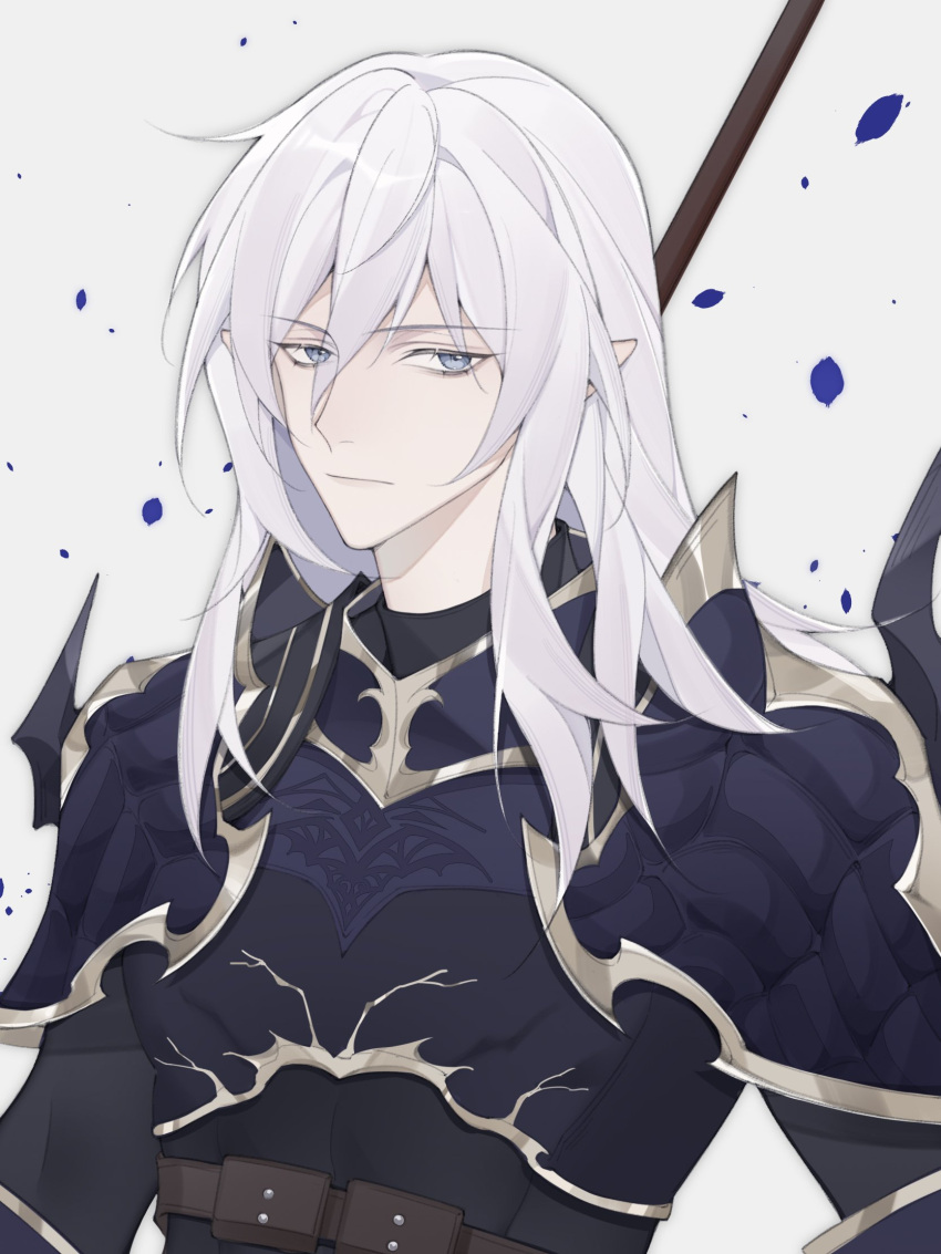 1boy, armor, blue_petals, closed_mouth, elezen, elf, estinien_varlineau, falling_petals, final_fantasy, final_fantasy_xiv, gold_trim, grey_eyes, grey_hair, hair_between_eyes, highres, holding, holding_polearm, holding_weapon, long_hair, looking_at_viewer, lynnn28208524, male_focus, petals, pointy_ears, polearm, shoulder_armor, solo, upper_body, weapon