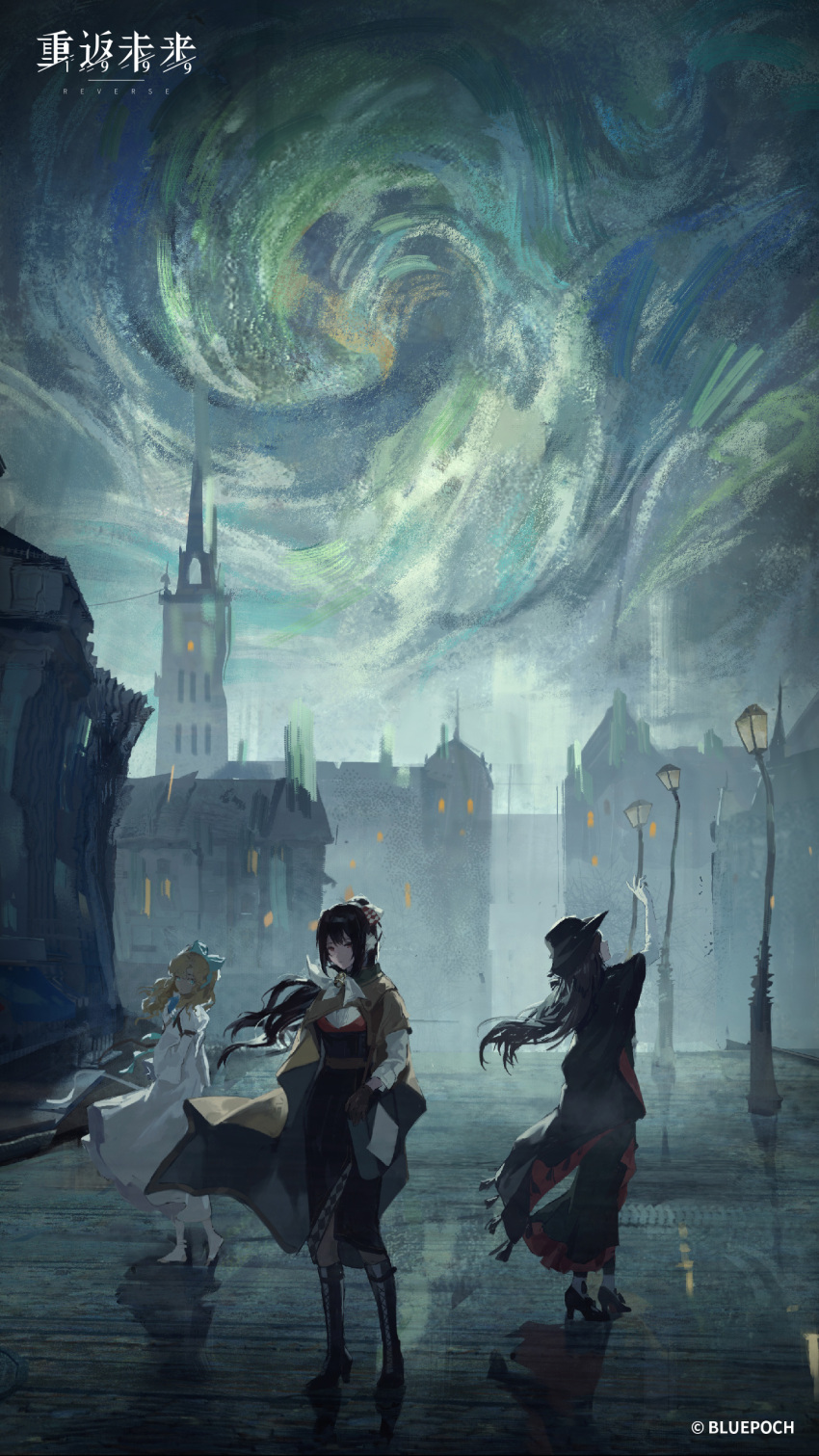 3girls, absurdres, arm_up, black_cape, black_hair, black_hat, black_skirt, blonde_hair