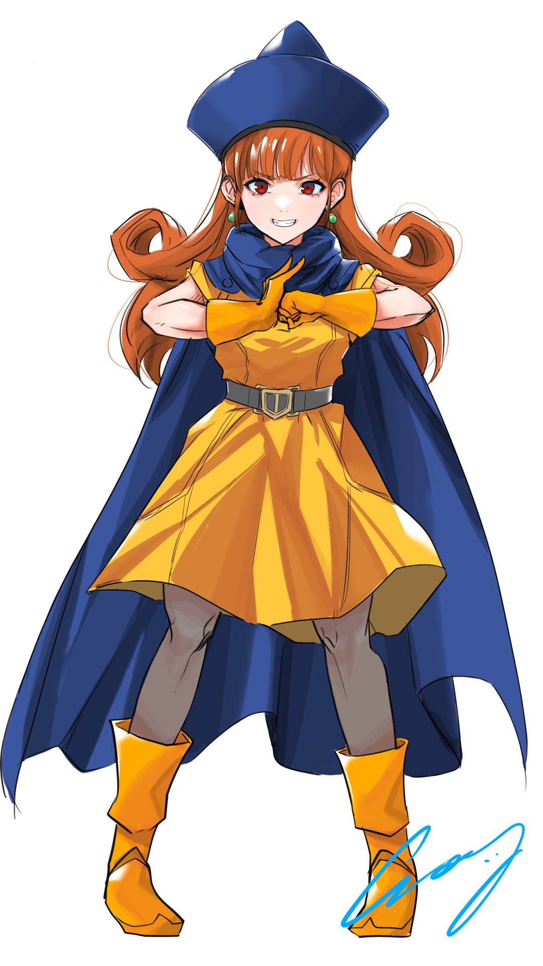1girl, alena_(dq4), blue_cape, blue_hat, blunt_bangs, boots, breasts, brown_hair