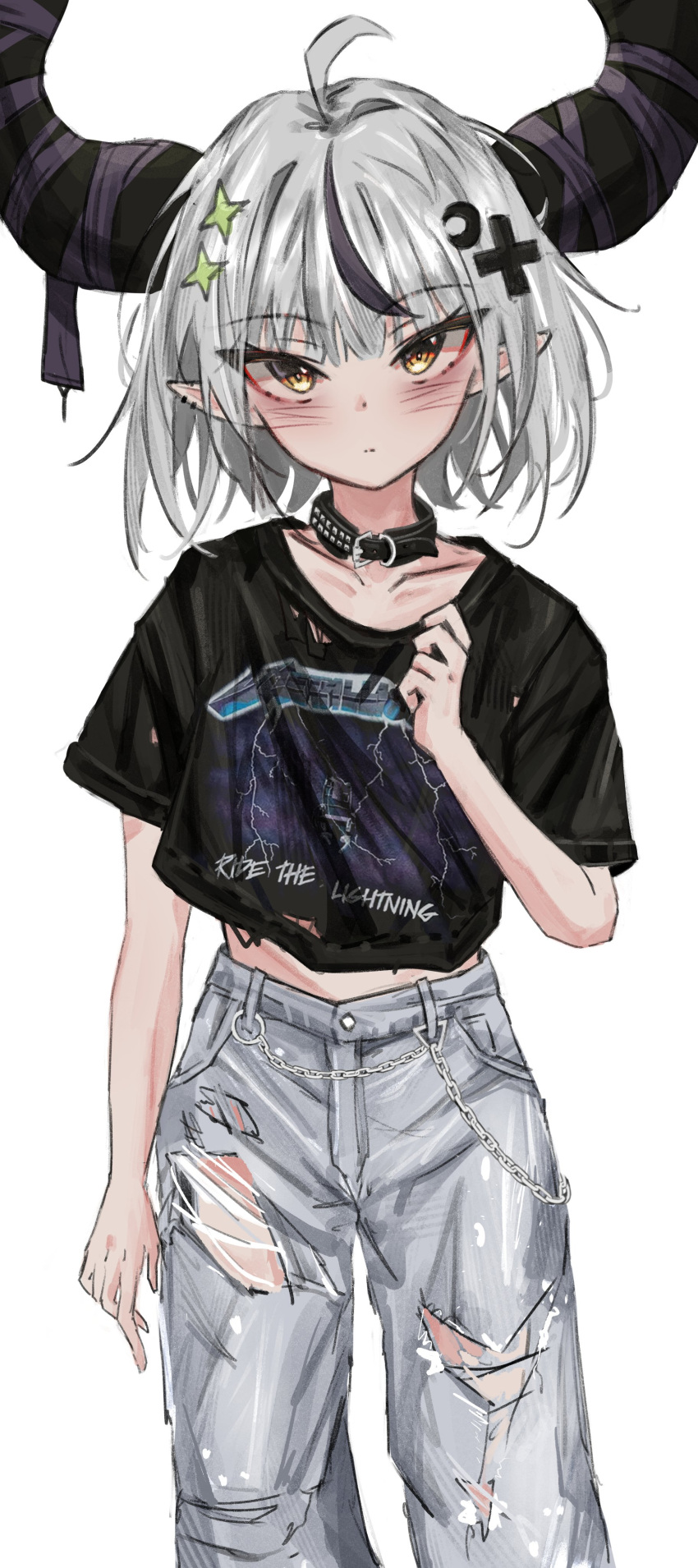 1girl, absurdres, ahoge, akarinnndesu, alternate_costume, alternate_hairstyle, band_shirt, black_collar