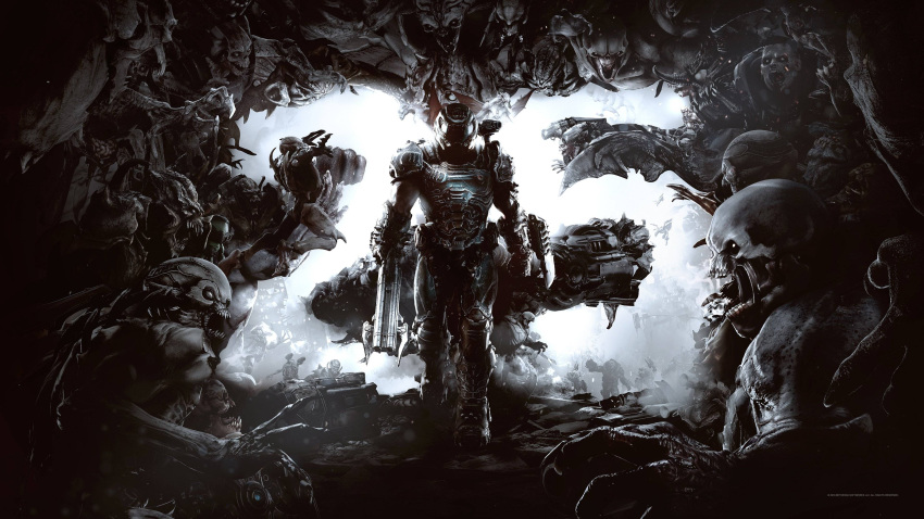 1boy, 6+others, absurdres, anniversary, arm_blade, armor, backlighting, bad_source