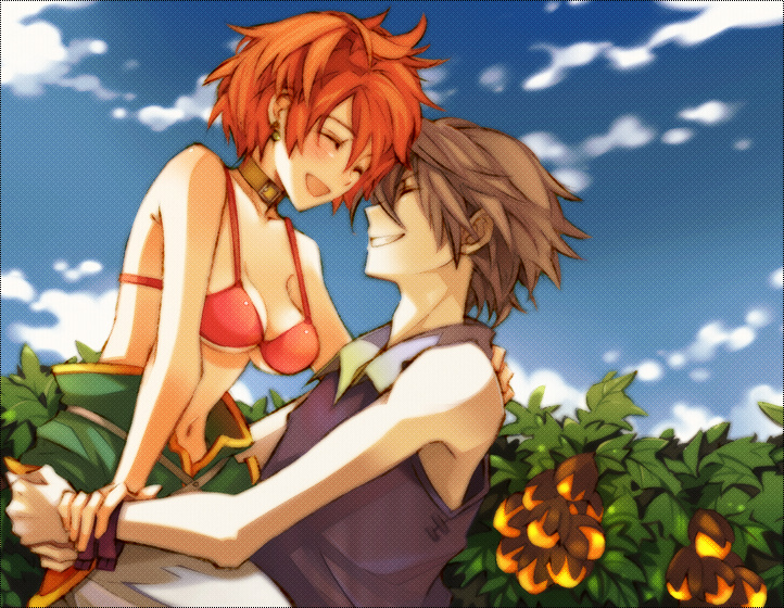 1girl, bad_id, bare_shoulders, bikini_top, blush, closed_eyes, collar, couple